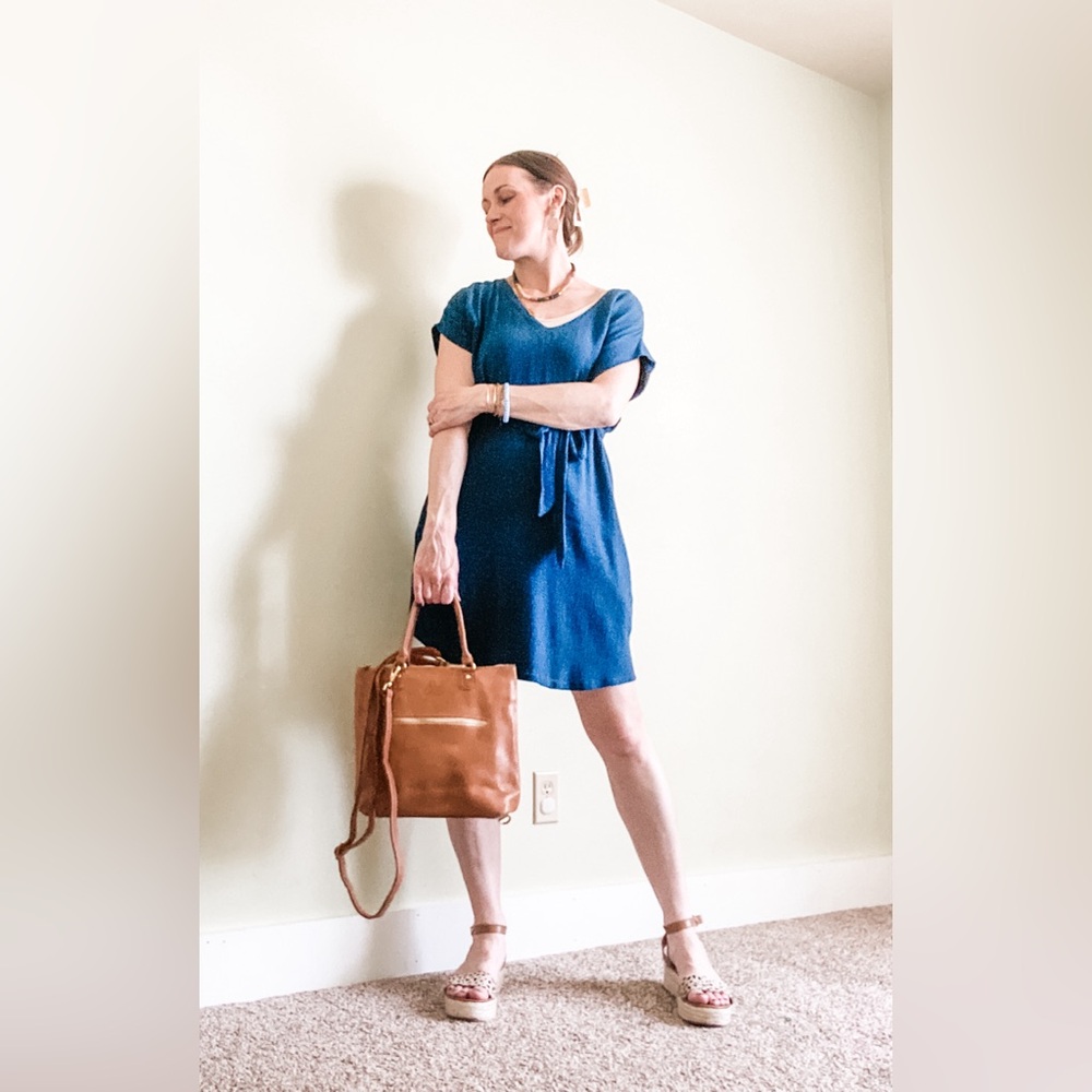 Sseko/Noonday Reversible shift dress in midnight blue, fits women’s sizes 2-8
